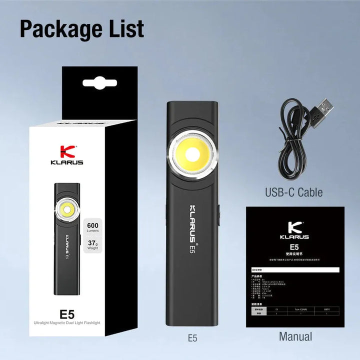 Klarus - E5 Svart - Oppladbar Tur og Lommelykt - 470 Lumen - Game-On.no