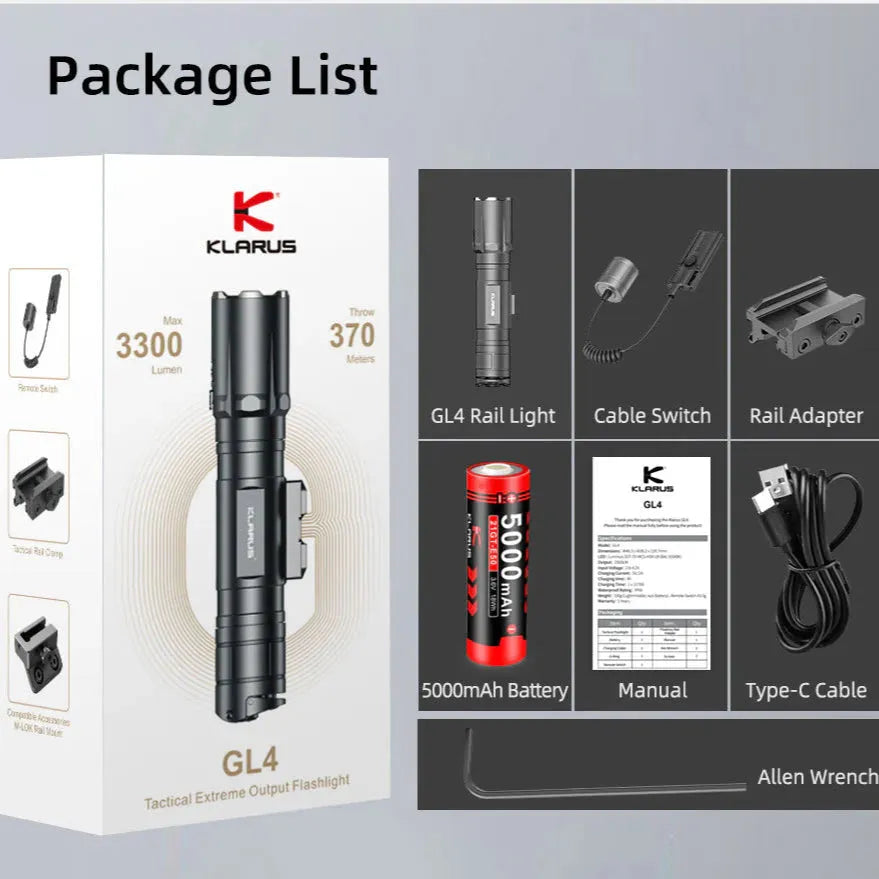 Klarus - GL4 - Oppladbar Våpenlykt med Trykkpute - 3300 Lumen - Game-On.no