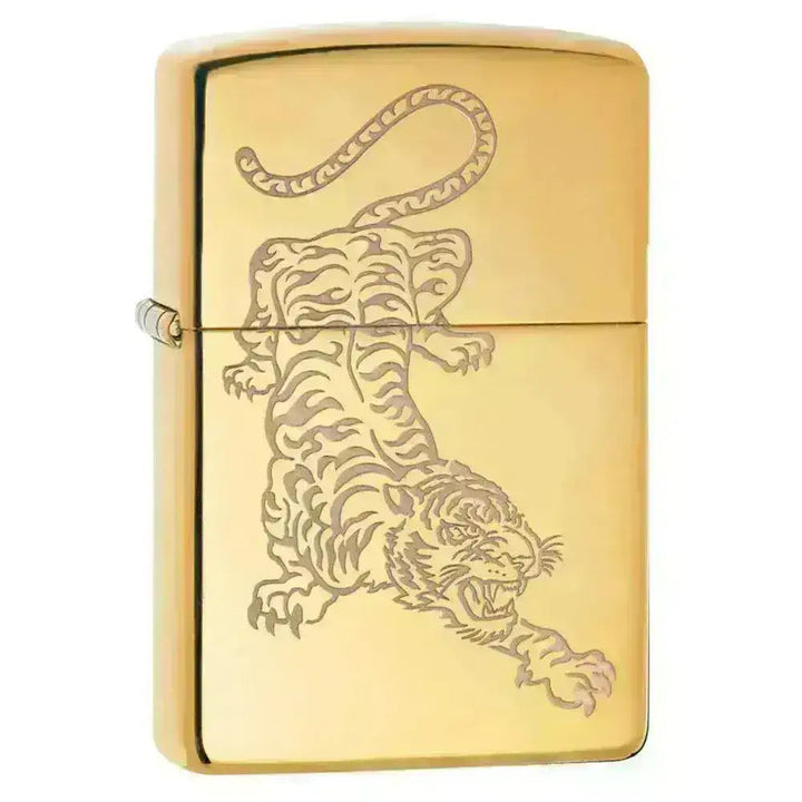 Zippo Lighter - Tiger på High Polish Brass - Game-On.no